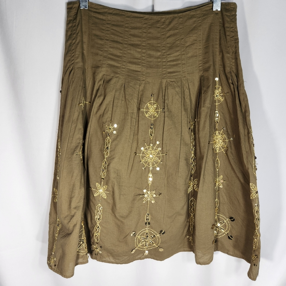 JH Collectibles Olive w/ Gold Metallic & Sequin Accents BOHO Skirt Size 6 - Picture 6 of 9